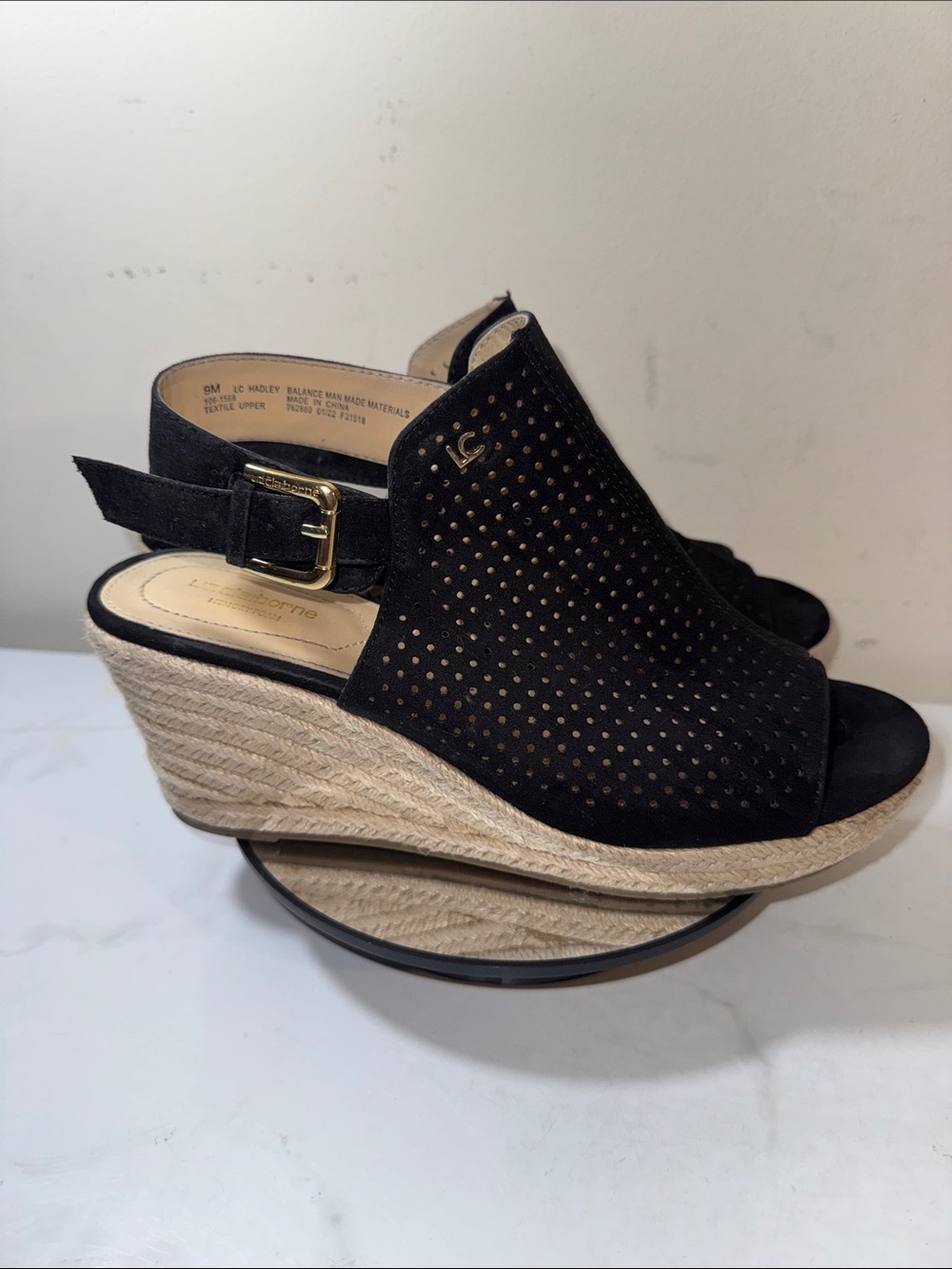 Liz Claiborne Hadley Black Perforated Espadrille Wedge Sandals - Size 9M
